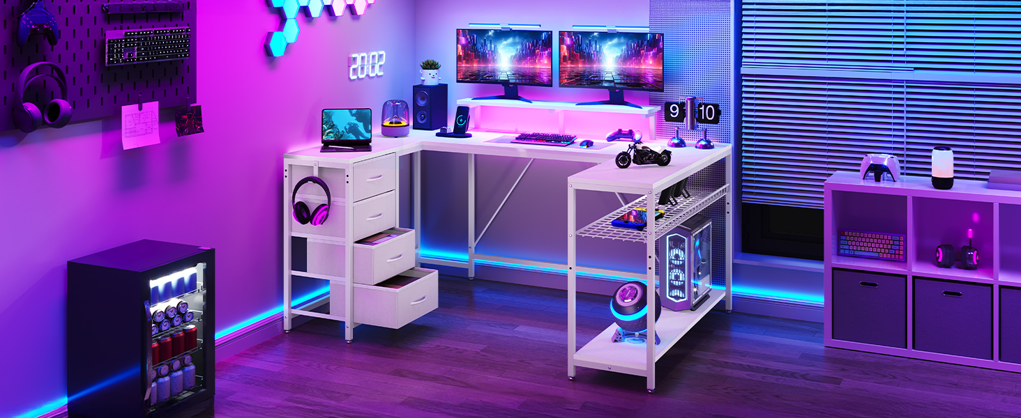 Кутовий письмовий стіл YITAHOME з 4 шухлядами та LED-підсвіткою, 158x100 см - ігровий стіл для дому/офісу з монітором, розетками та USB (білий)