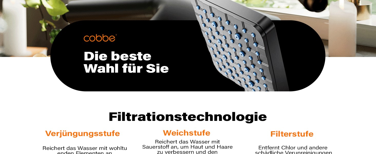 Фільтр для душу Cobbe з шлангом, високонапірна ручна лійка з 20-ступеневою фільтрацією, економна лійка з 6 режимами розпилення, дощова лійка для жорсткої води (чорний матовий)
