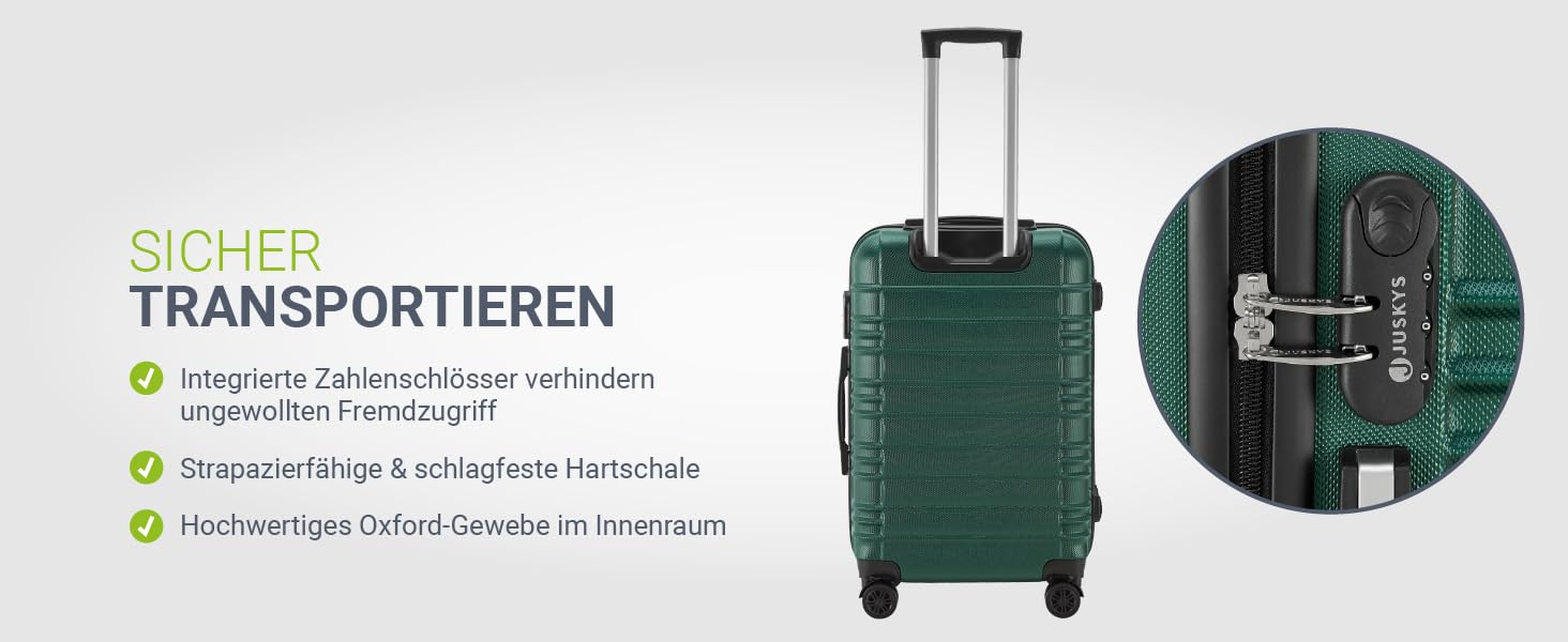 Набір валіз Juskys Hartschale 3 шт. з кодовим замком, тихі колеса 360°, телескопічна ручка, легкі - зелений колір