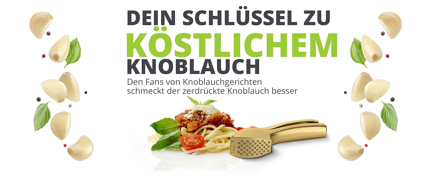 Преміум-прес для часнику Oliver's Kitchen® - зручний та легко миється - подрібнює часник та імбир без проблем (не потребує очищення) - надзвичайно міцний та зносостійкий (матова золота поверхня)