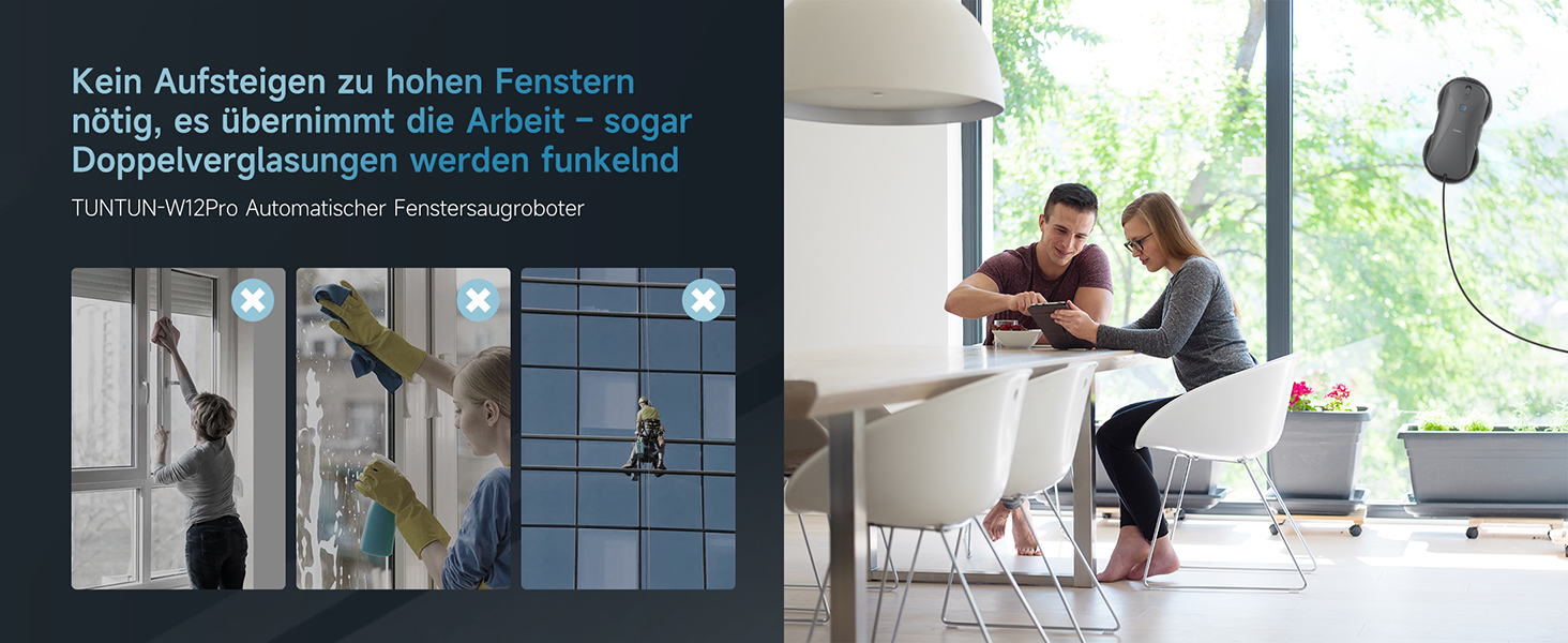 Робот-прибиральник вікон Tuntun W12pro: 5300Pa, 4-Wege система, інтелектуальна навігація, бокс для зберігання, для гладких поверхонь