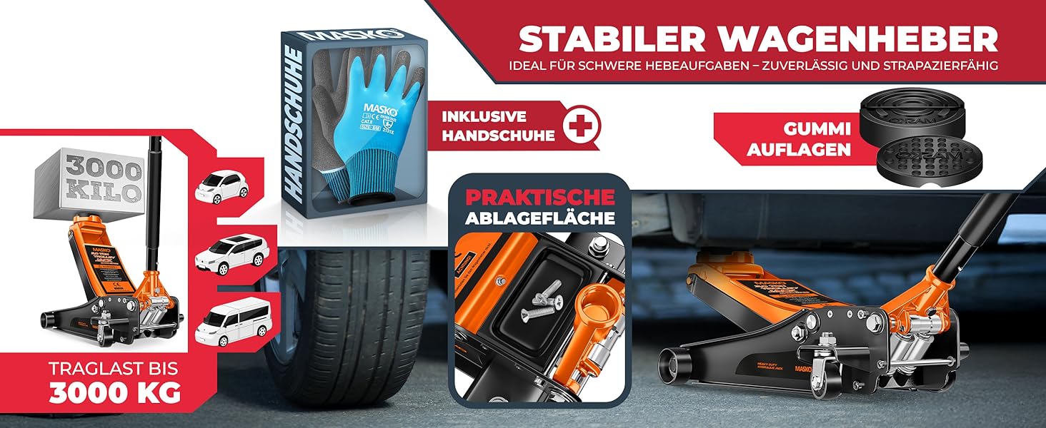 Гідравлічний домкрат MASKO 3T з низьким профілем 85-460мм, 3 гумові накладки, для легкових авто та SUV, ролики 360°, рукавички в комплекті. Домкрат під автомобіль до 3 тонн - Чорний