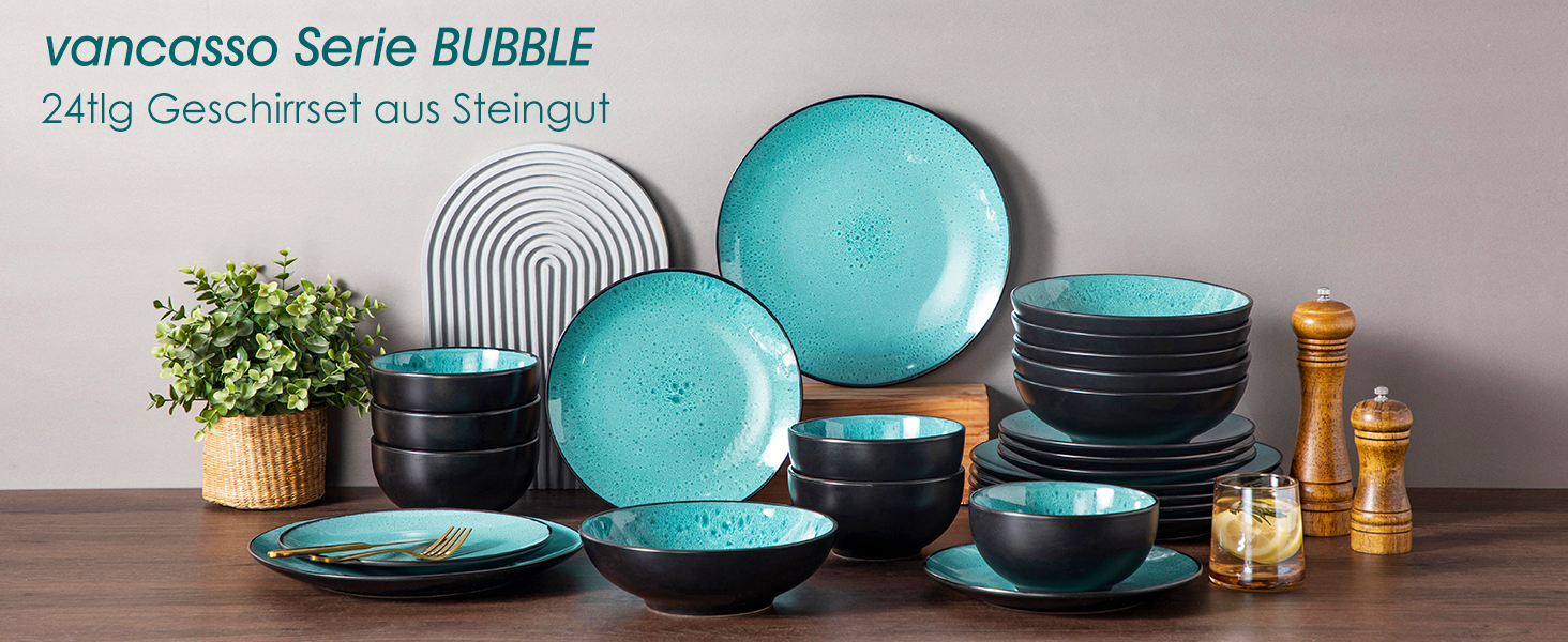 Набір посуду Bubble 6 осіб, 24 шт. з кераміки, зелений: тарілки та миски, мікрохвильова піч