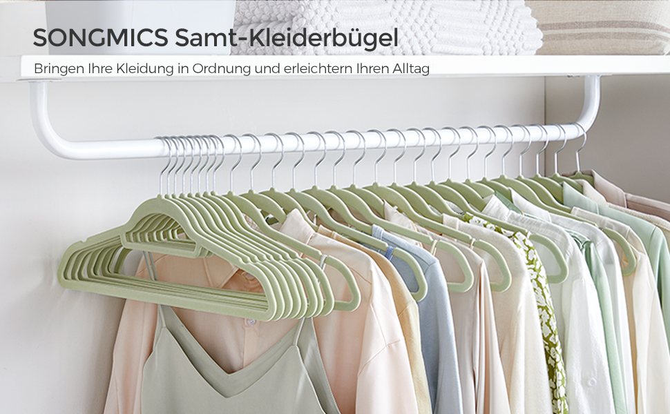 Плечики SONGMICS для одягу, велюрові, 20 шт., антиковзаючі, для краваток, 360° обертання, 0,6 см, економія місця, 43,5 см, для пальто, штанів, срібно-світло-зелені