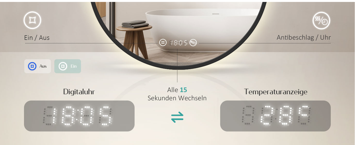 Круглий дзеркало для ванної кімнати EMKE з підсвічуванням 60 см – Чорний дзеркало з антизапарюванням, регулюванням яскравості, годинником, індикатором температури, сенсорним управлінням, функцією пам'яті, енергозберігаючий