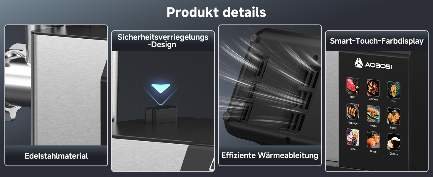 Електрична м'ясоподрібнювач AAOBOSI 3000W з LED-дисплеєм, 9 швидкостей, з нержавіючої сталі, для дому, з насадкою для ковбас та кіббе, інтегрований контейнер, сріблястий