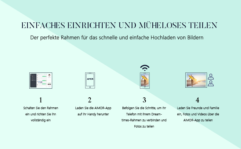 Цифровий фоторамка Dreamtimes 8 дюймів з Wi-Fi, IPS HD сенсорний екран, оновлена версія 2022, просте налаштування, діліться фото та відео через додаток AiMOR з будь-якого місця