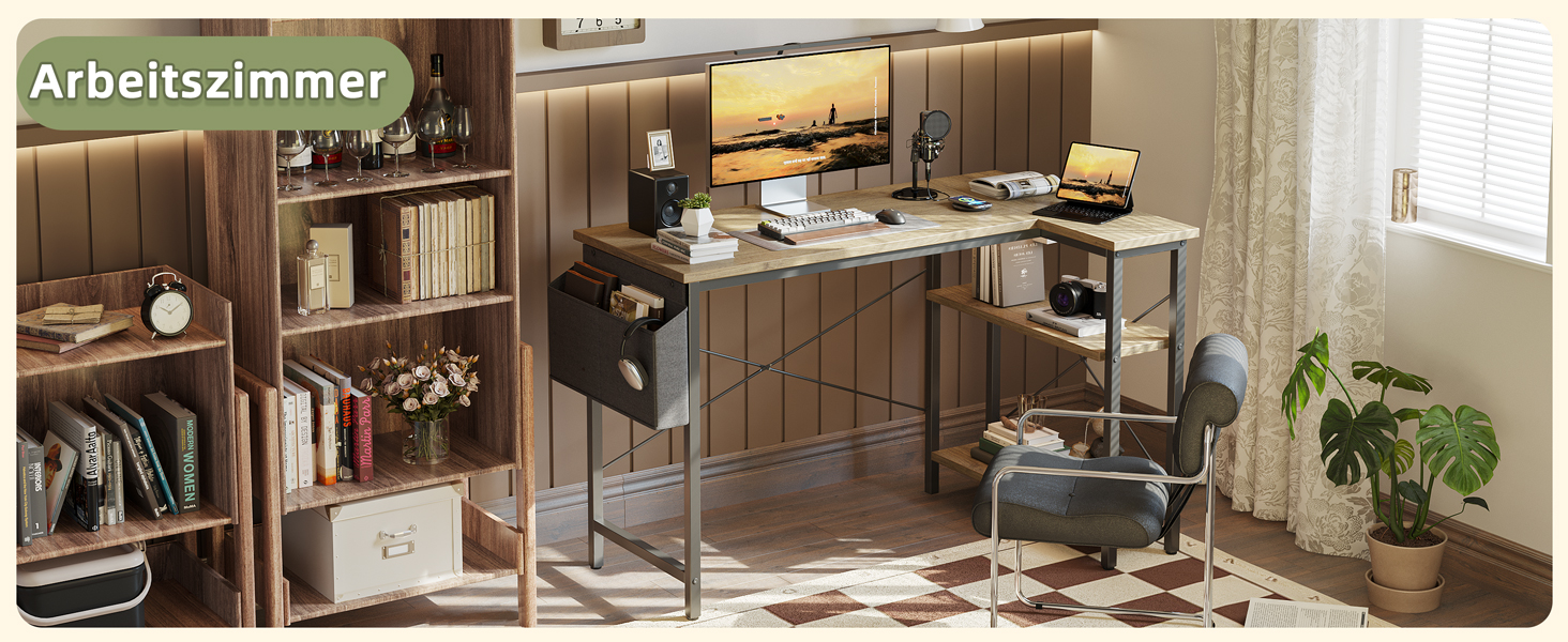 Кутовий комп'ютерний стіл BEXEVUE з розеткою та LED-підсвічуванням, 120x70 см. Ергономічний, з полицями, для дому, навчання та роботи. Чорний колір.