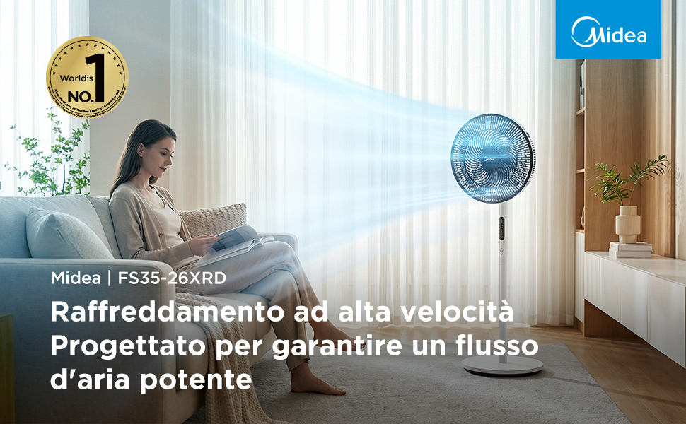 Вентилятор підлоговий Midea Leiser FS35-26XRDSE(BW) DC мотор, 8 лопатей, 9 швидкостей, коливання 85°, таймер 9 год, регульована висота