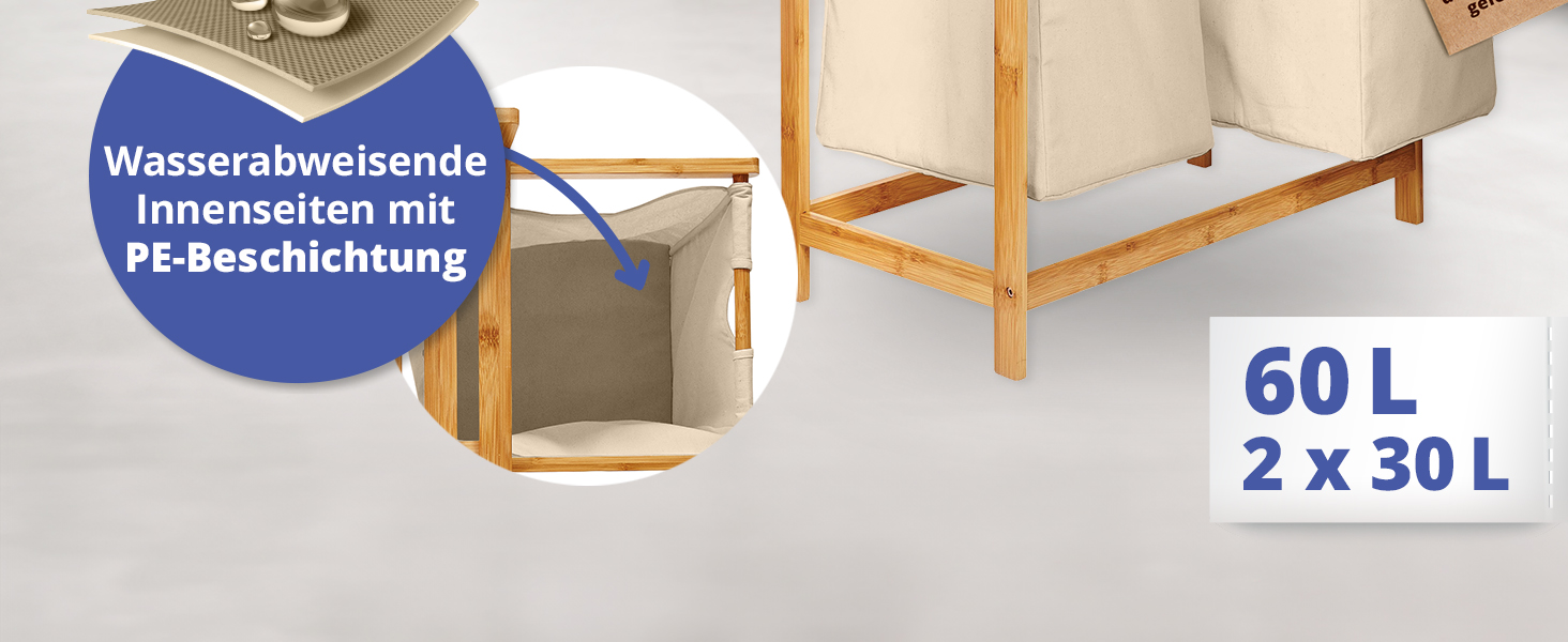 Кошик для білизни Lumaland з бамбука з 2 висувними мішками для білизни | Легкий у догляді, стійкий до вологи, легко очищується | Висота 73 см x 64 см (ширина) x 33 см (глибина) [Бежевий] 2 відділення для білизни, 2 мішки для білизни | Бежевий