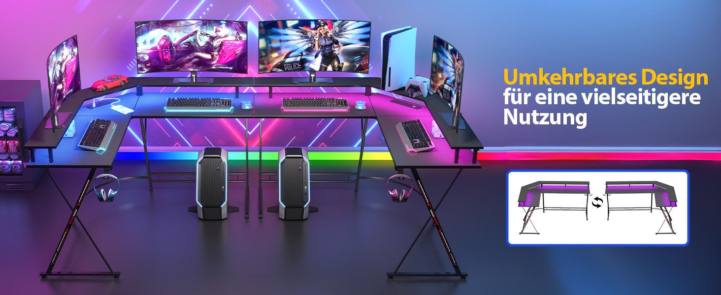 Ігровий стіл SEVEN WARRIOR з LED-підсвічуванням, розетками, моніторний стійка, 2 гачки, L-подібний, 147 см