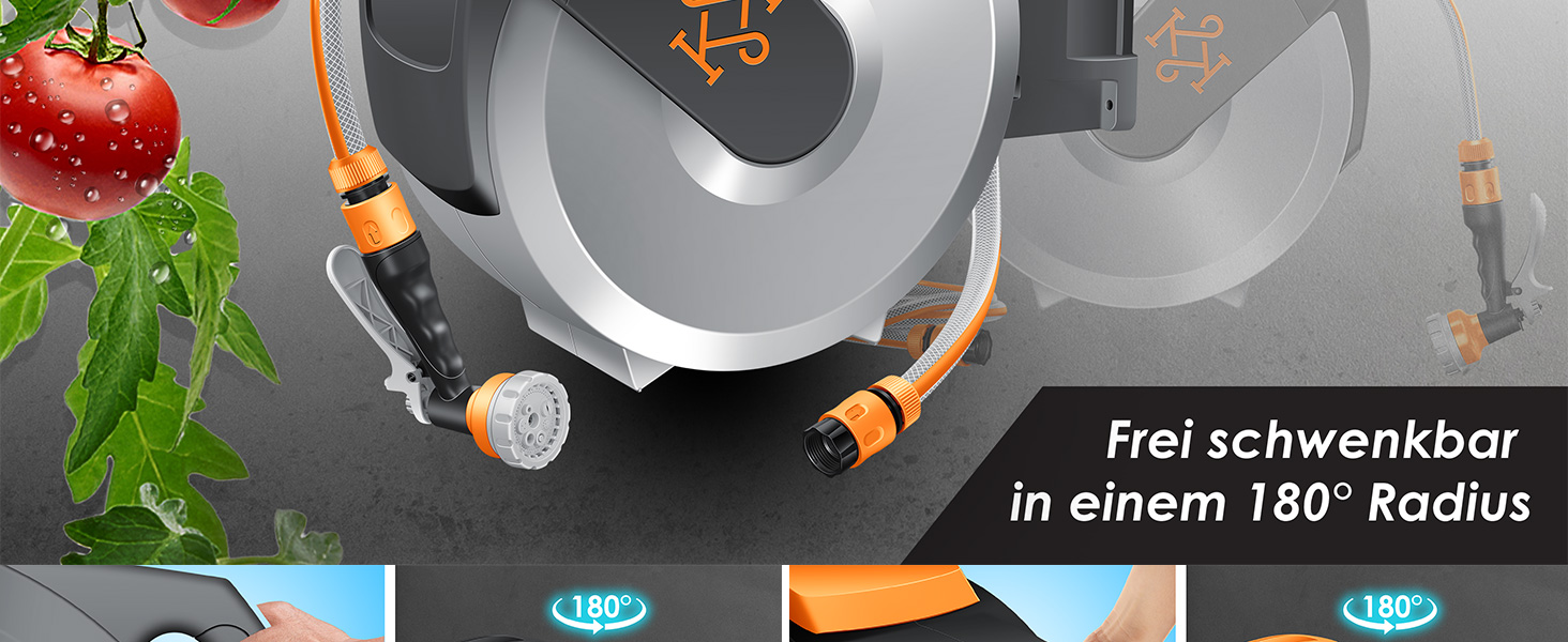 Шланг для саду KESSER® 35м з автоматичним підйомом | Шланг для поливу з тримачем для стіни | Водопровідна коробка для стіни з ручною лійкою 7-функцій | Антрацит/Чорний