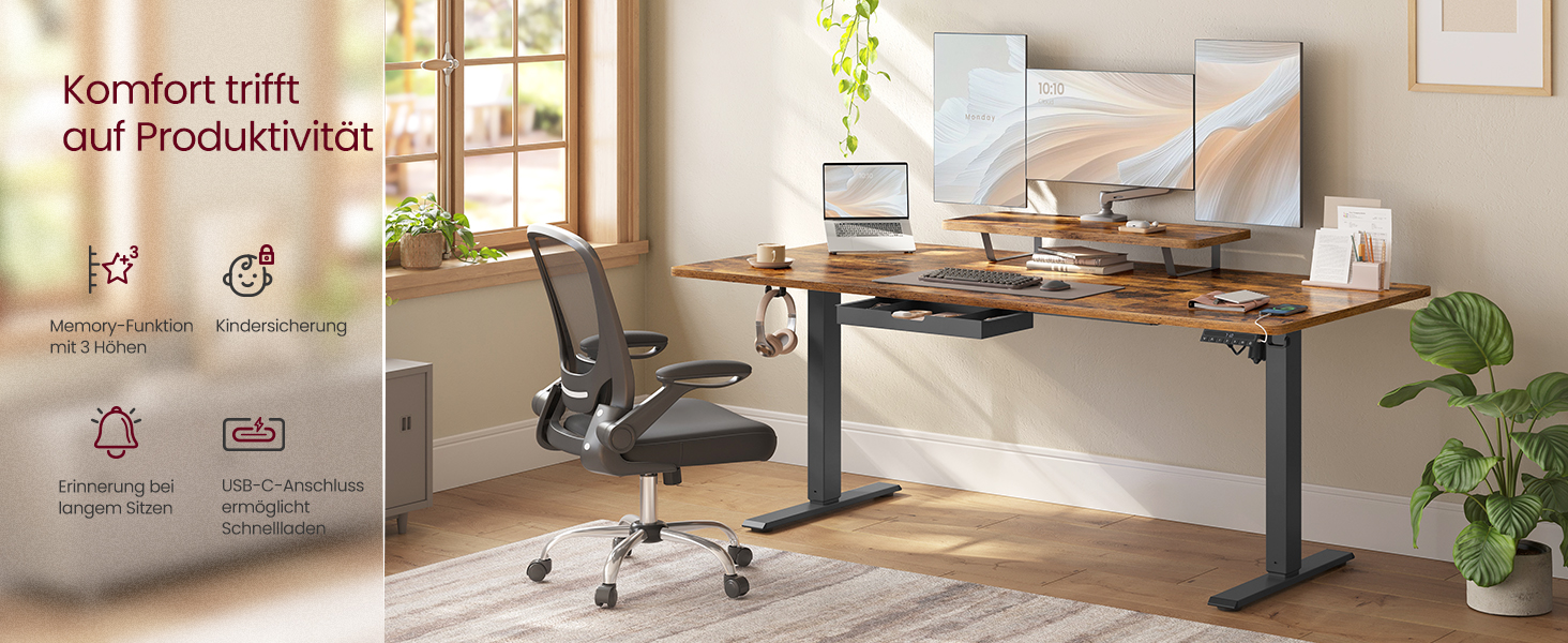 Стол для роботи VASAGLE з регулюванням висоти, 160 x 80 см, з підставкою для монітора, шухлядою та USB-C, нагадування про рух, для офісу, вінтажний коричневий