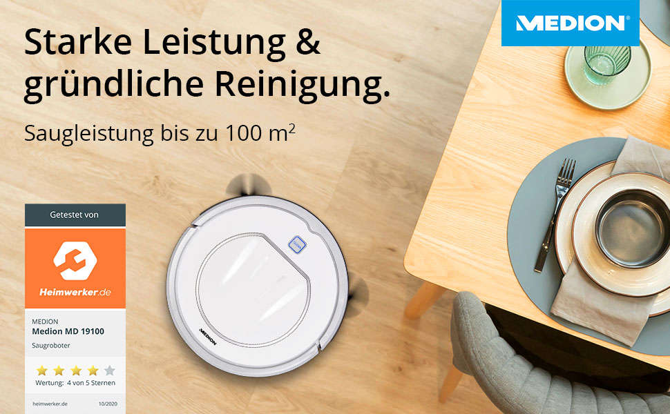 Робот-пилосос MEDION MD 19100 з базою та пультом дистанційного керування. Оптимізований для власників тварин та алергіків, ультратонкий, для твердих підлог та килимів, з функцією розпізнавання перешкод та сходинок