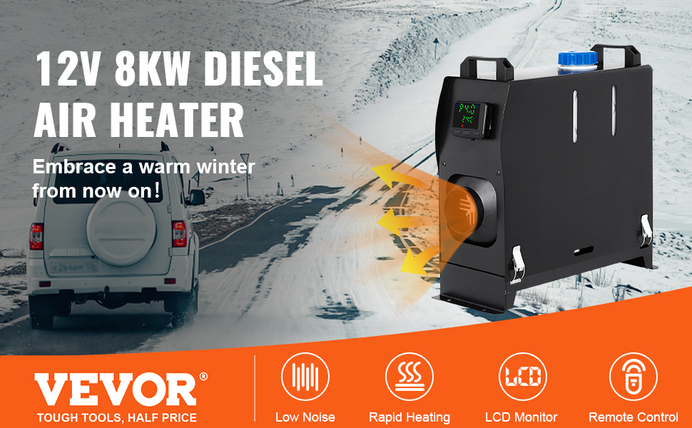 Дизельний обігрівач VEVOR 8 кВт, 12/24V, портативний, з Bluetooth, пультом та LCD-екраном, 5л бак для вантажівок/автобусів/кемперів (чорний)