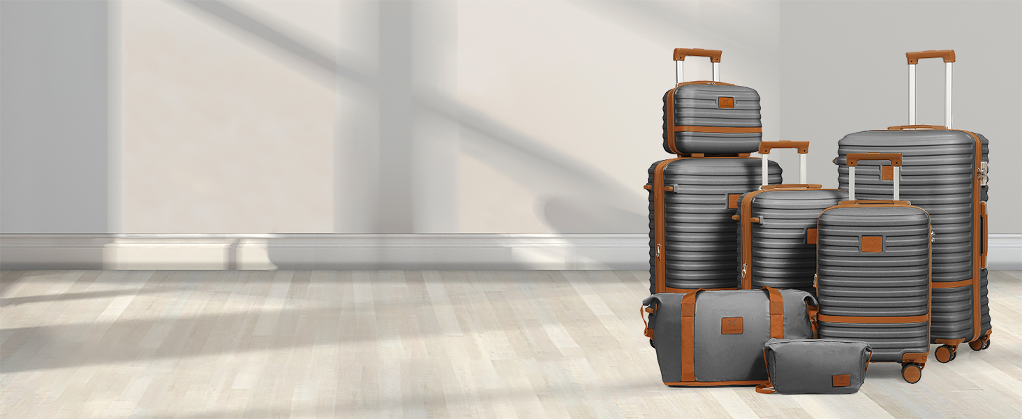 Набір валіз для подорожей Joyway 7 предметів, жорстка оболонка, з косметичкою, 4 колесами та TSA-замком, білий (Сірий/Коричневий)