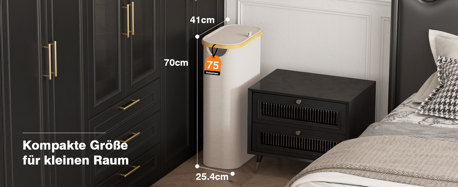 Вузький кошик для білизни з кришкою, 75L, складний, для спальні, ванної, пральні, дитячої кімнати, бежевий