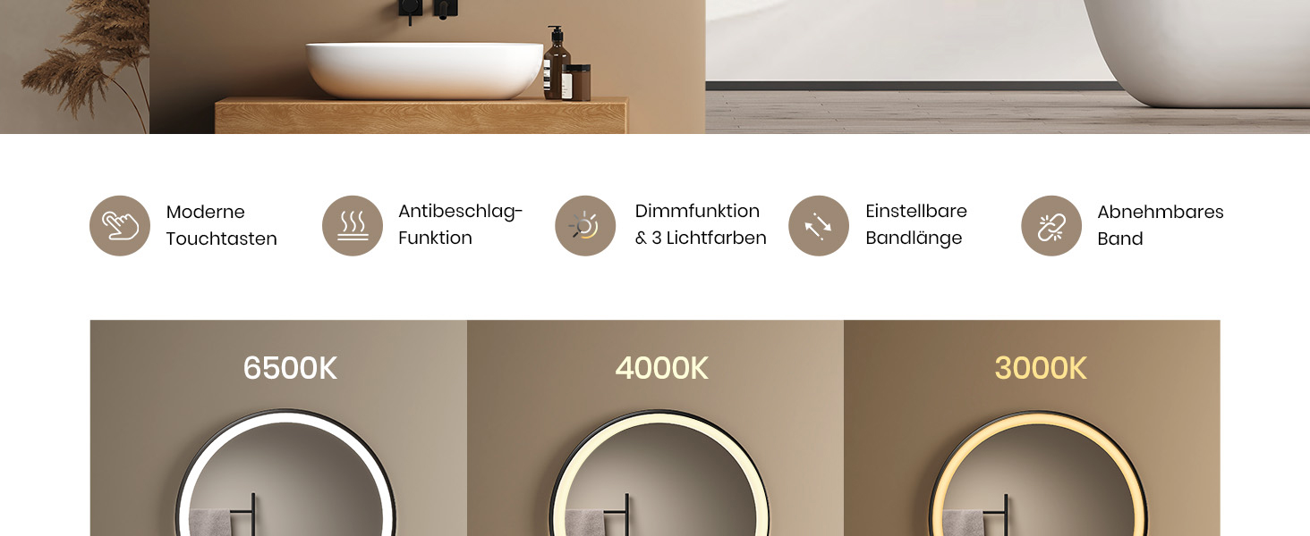 Дзеркало для ванної кімнати EMKE з підсвічуванням, діаметр 50 см, чорний каркас, регульована яскравість, 3 кольори світла, антизапар, сенсорне керування, функція пам'яті