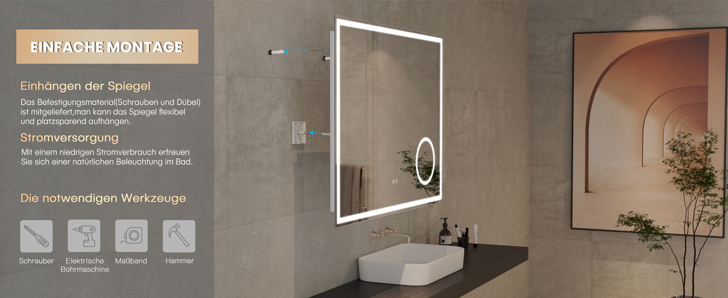 Дзеркало для ванної кімнати з LED-підсвічуванням Dripex, 50x70 см, сенсорне керування, антизапар, холодне біле світло 6400K, енергозберігаюче