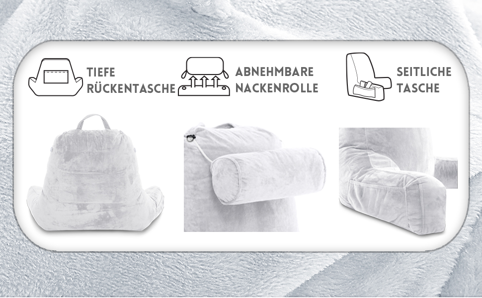 Подушка для чоловіків з підлокітниками - темно-сіра, для читання та відпочинку в ліжку | Premium Memory Foam | Знімна подушка для шиї