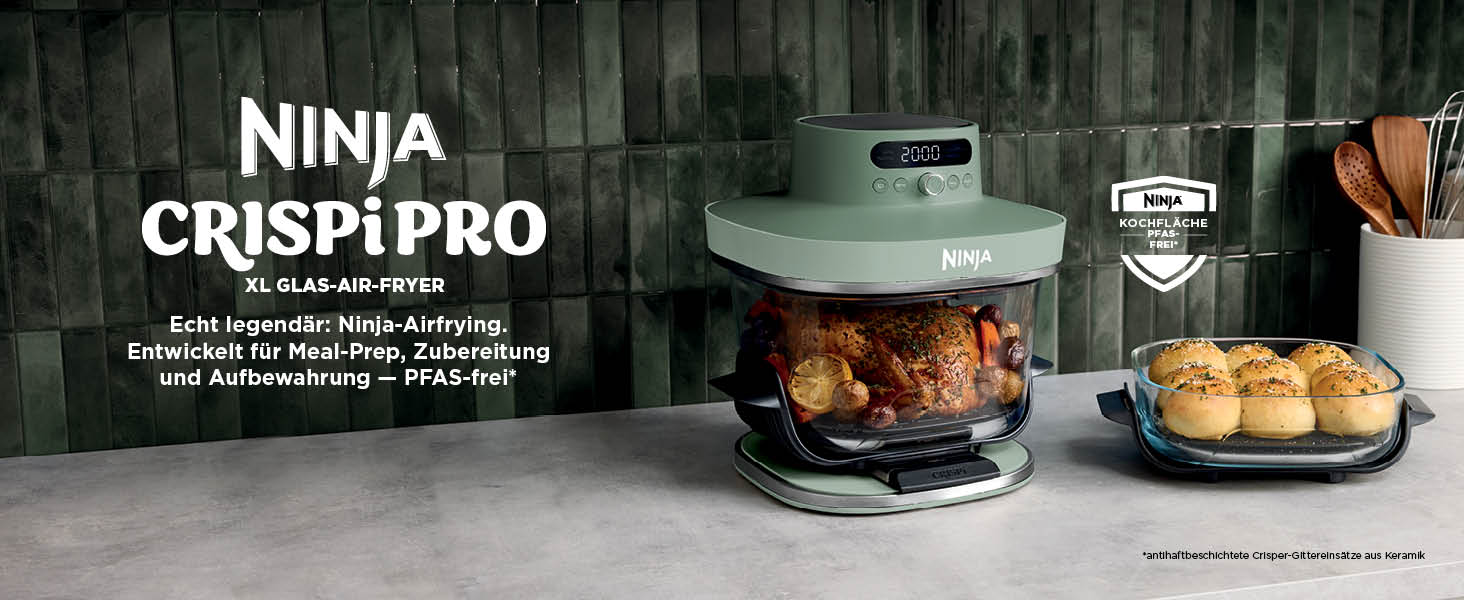 Скляна аерофритюрниця Ninja CRISPi PRO XL Air Fryer з 5 функціями, контейнерами CleanCrisp (5,7 л та 2,3 л) та кришкою для зберігання, колір моховий зелений, AS090EUGN