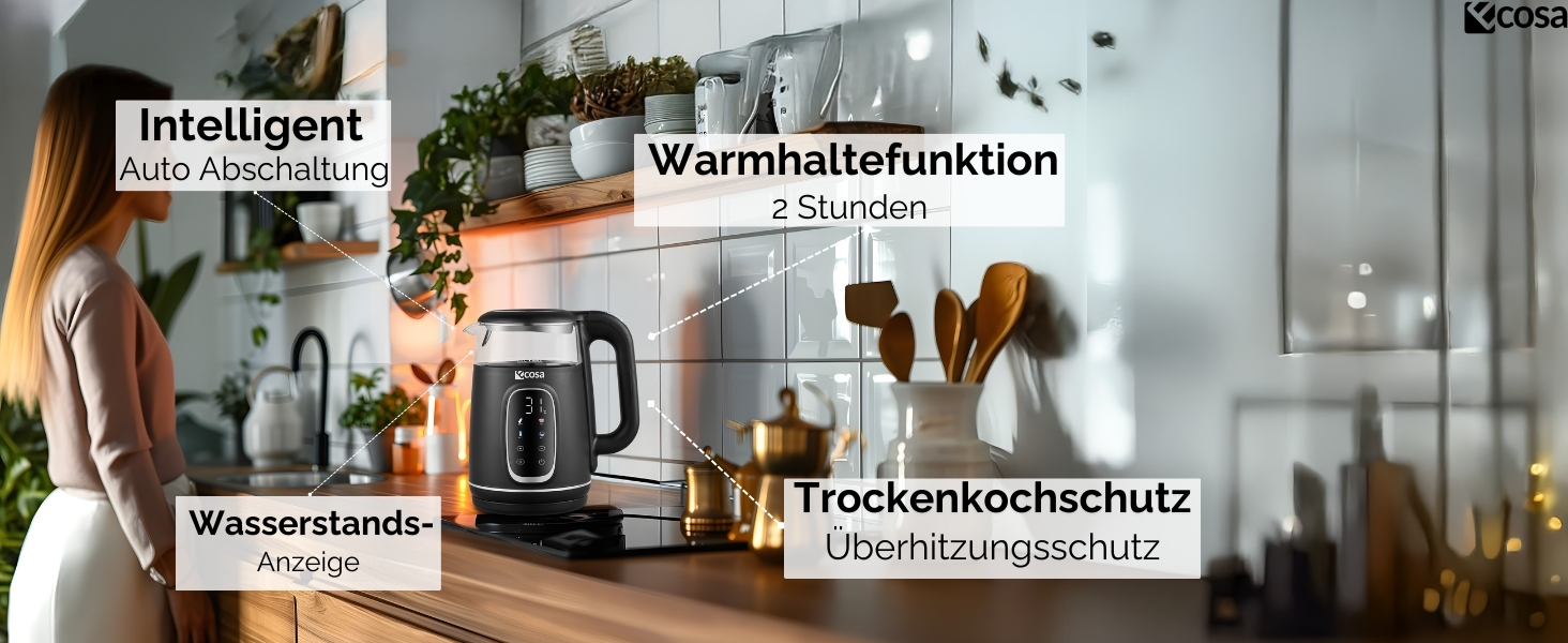 Електричний чайник Ecosa® зі скляною колбою та нержавіючою сталлю, 1,7 л, 2200 Вт, регулювання температури 40°C-100°C, підігрів, LED-підсвічування (Black Pearl)