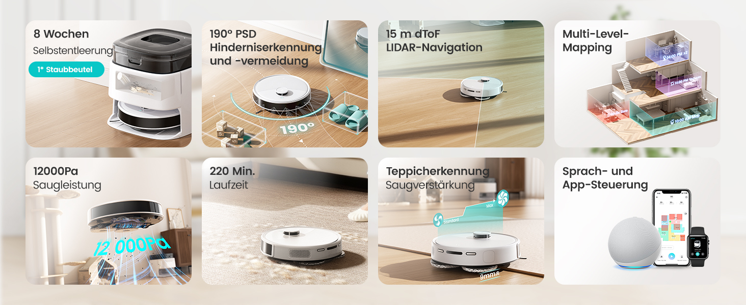 Робот-пилосос LEFANT M3 Gen2 з функцією миття, 12000Pa, автоматичне очищення, LiDAR, розпізнавання килима, керування через додаток Freemove 3.0 та голосове керування, 8 тижнів бездротової роботи