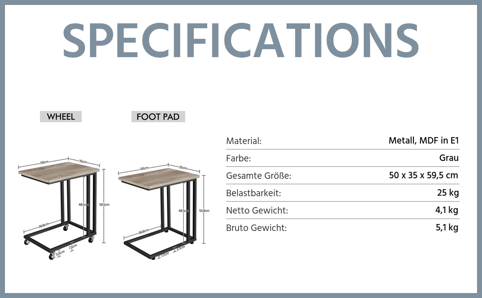 Журнальний столик Yaheetech, С-подібна форма, Мобільний журнальний столик, Диванний столик на коліщатках, Стіл для вітальні, Під диваном, Промисловий дизайн, для кави та ноутбука, 50 x 35 x 59,5 см (сірий)