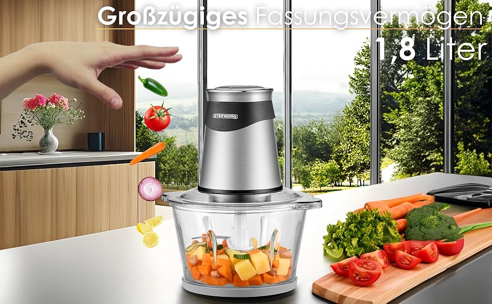 Електричний подрібнювач потужний Multizerkleinerer Blitzhacker 500W 1.8л зі скляною чашею - універсальний кухонний комбайн для приготування дитячого харчування, горіхів, овочів, фруктів та м'яса