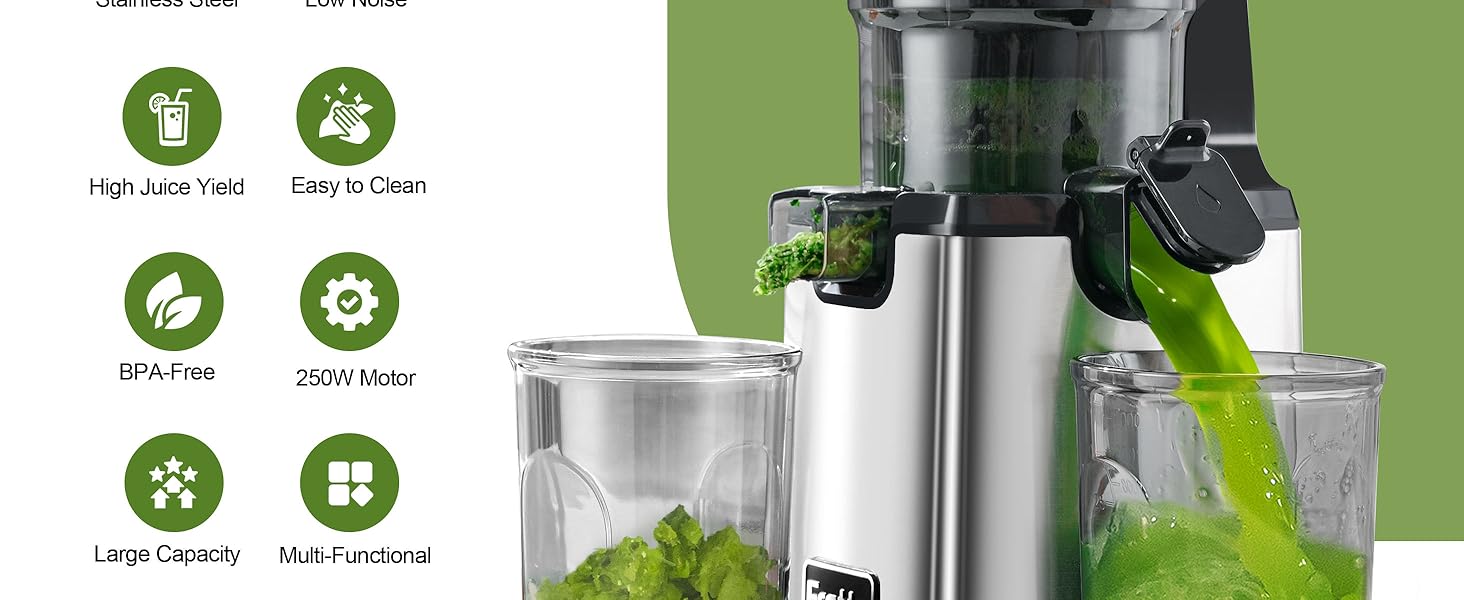 Фреш-прес Fretta Slow Juicer: повільний соковитискач з нержавіючої сталі, 135 мм, 1.8 л, з функцією реверсу, BPA Free, 250W сірий