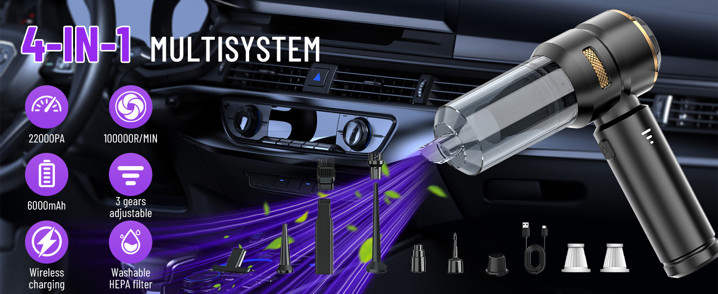 Акумуляторний ручний пилосос 4 в 1 для авто та дому, безщітковий мотор 22000Па, потужність 6000 мАг, портативний електричний обдуватель для прибирання шерсті та пилу, чорно-золотий