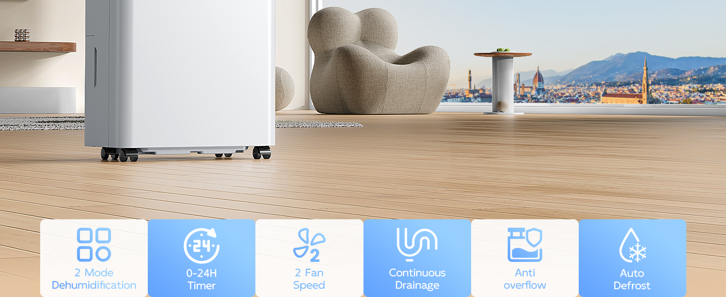 Електричний осушувач повітря 12л/24г з автоматичним та безперервним зливом (шланг у комплекті), для спалень та підвалів, LED-дисплей, тихий, з таймером