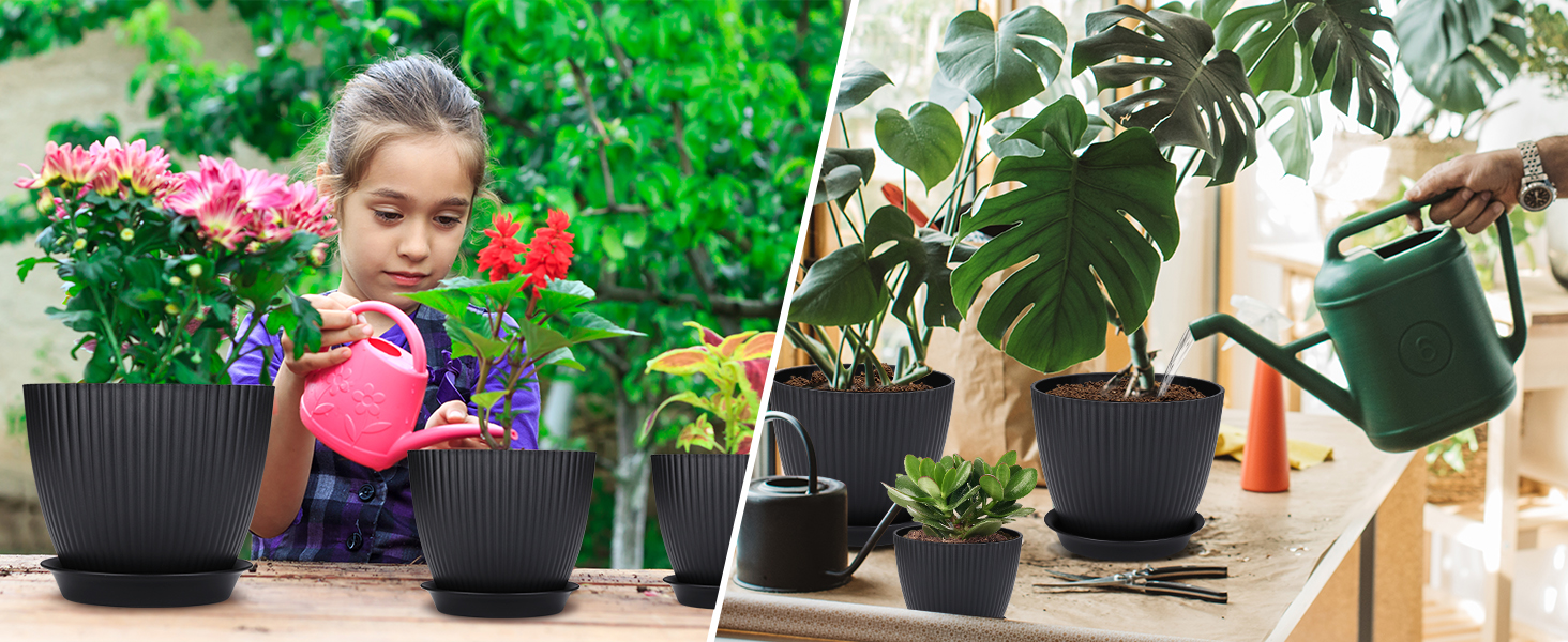 Набір горщиків для квітів з пластику, 8 шт. з отворами, круглі підставки, горщики для кактусів та трав, набір для офісу, балкону, саду, сукулентів, чорний