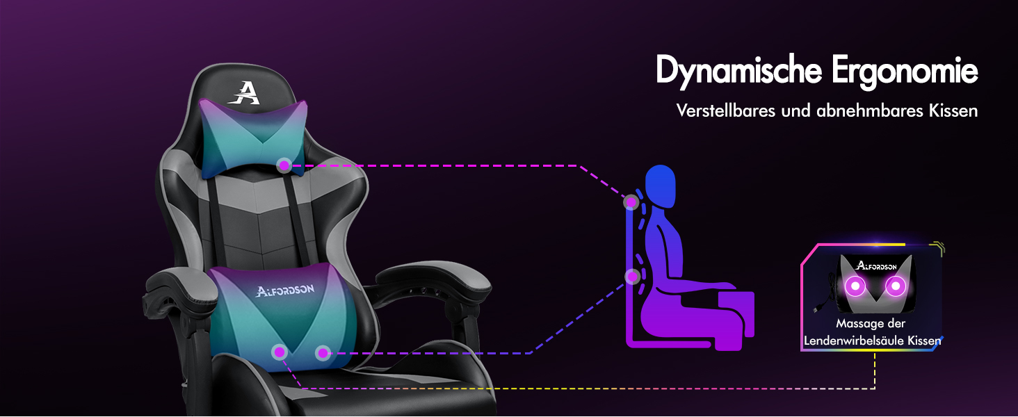 Ігровий крісло ALFORDSON з підніжкою, масажем та регулюванням на 150°, чорний (серія Eryx)