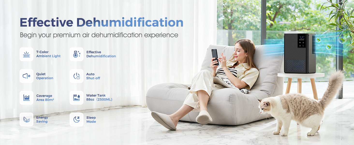 Електричний осушувач повітря, тихий, 2.5L з LED дисплеєм, автоматичне відтанення, проти вологи та плісняви, енергозберігаючий, чорний