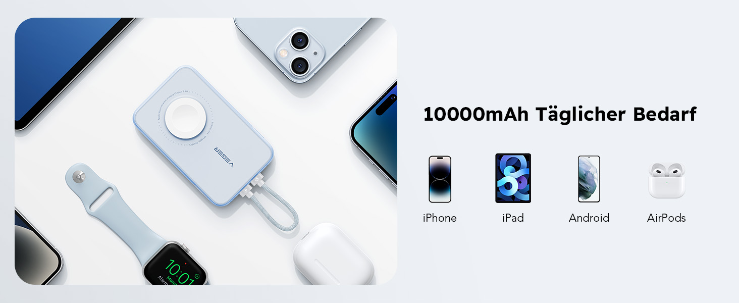 Вт PD, 10000 мАг, вбудований кабель Apple, зарядка Apple Watch, 2 шт. USB-C, синій, 20