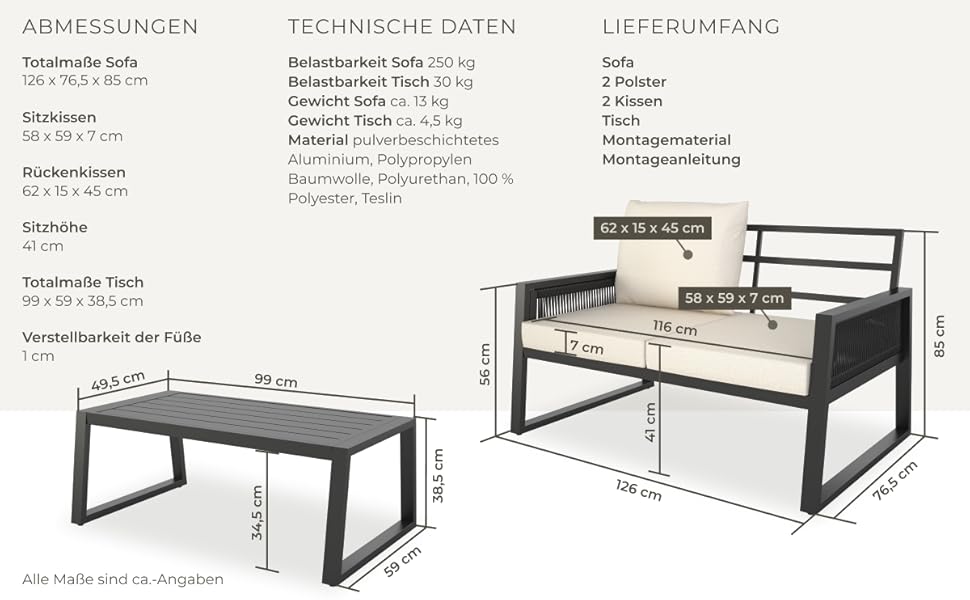 Набір садово-розсудних меблів tectake® Rope Design для саду/балкону: 2 крісла, диван, стіл з імітацією дерева, 4 посадочні місця, з подушками, вологостійкий