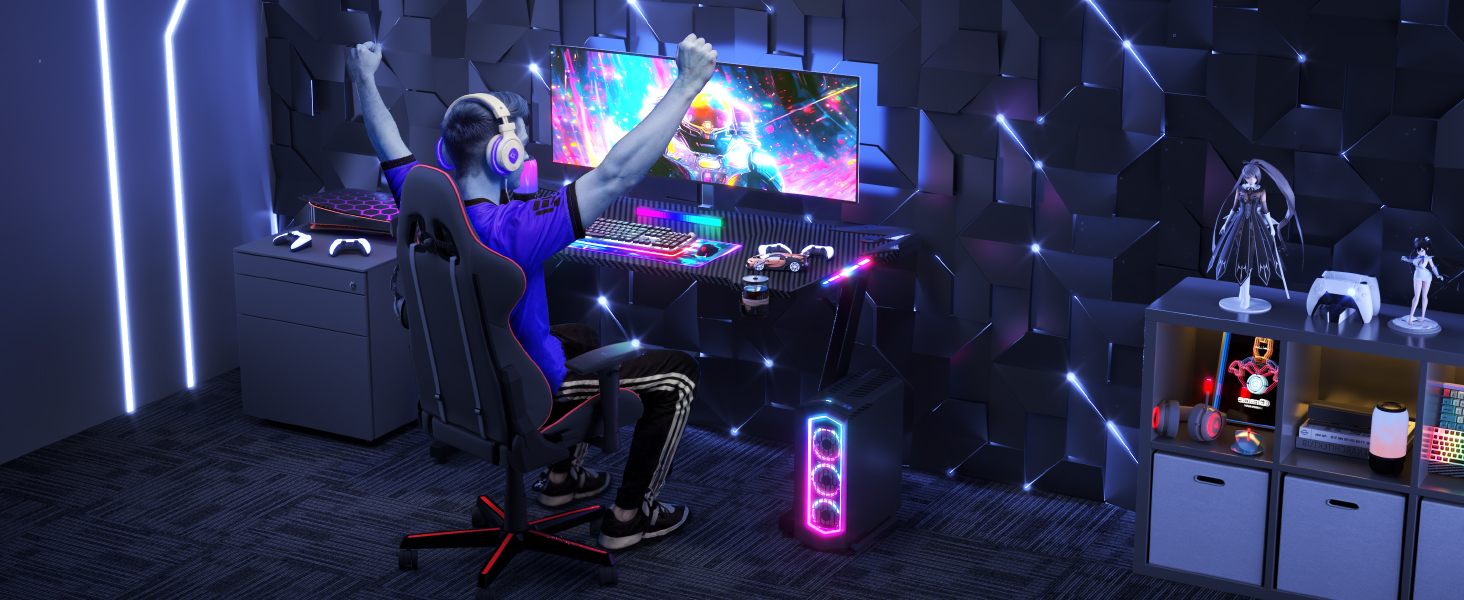 Ігровий стіл JUMMICO з RGB LED-підсвіткою, комп'ютерний стіл для геймерів та Home-office з тримачем для навушників та підстаканником, чорний (140 x 60 см)