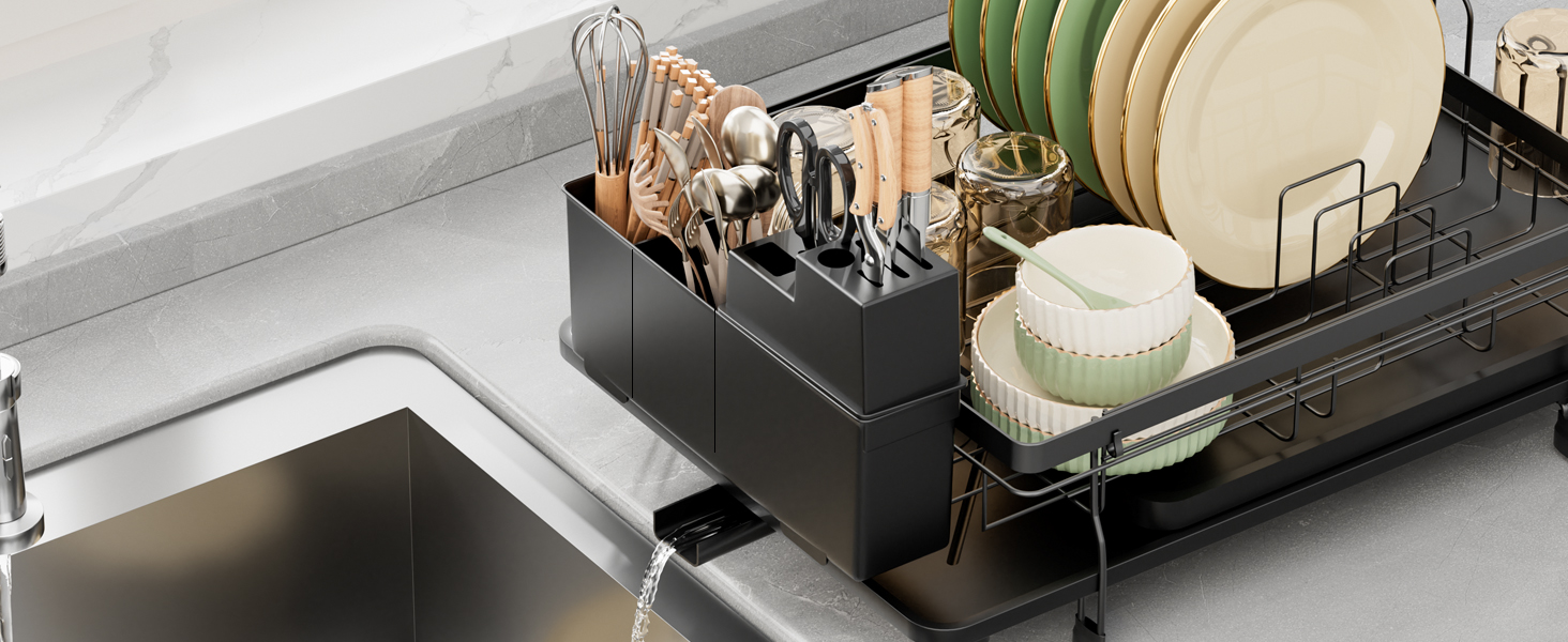 Сушарка для посуду ROTTOGOON розширювана, чорна: складана стійка з нержавіючої сталі, зливний жолоб та відділення для столових приборів
