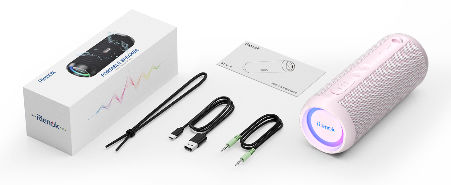 RIENOK Портативна Bluetooth Колонка з Підсвічуванням, Рожева, IPX7 Водонепроникна, 3600 mAh, Bluetooth 5.3, Бас, Стерео Звук