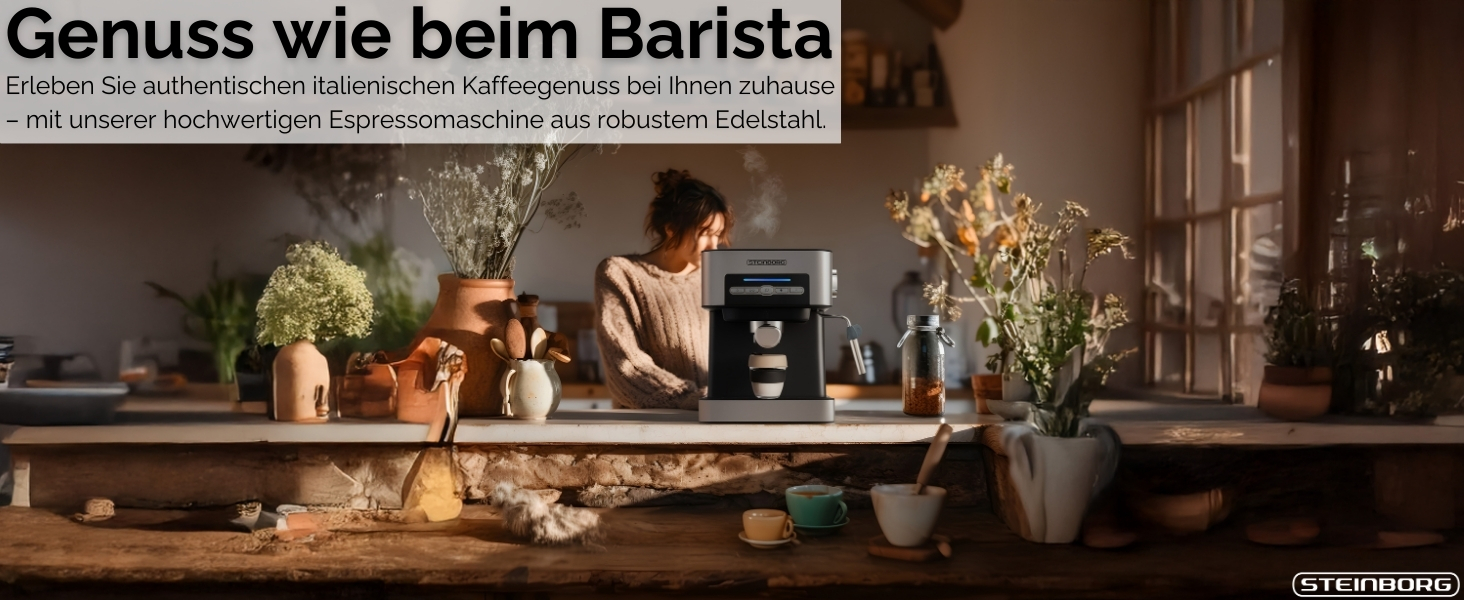Кавомашина еспресо Steinborg професійна рожкова, нержавіюча сталь, 1.6л, 15 бар, для капучино