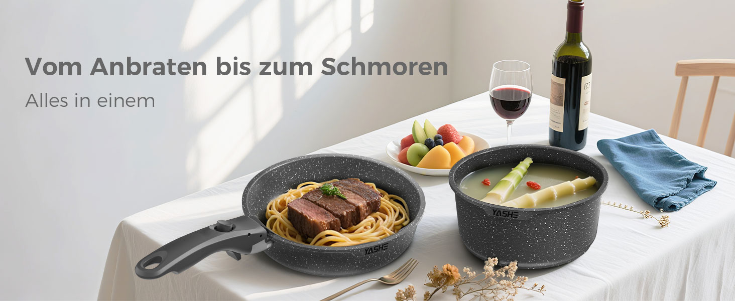 Набір каструль та сковорідок YASHE 9 шт. з антипригарним покриттям, білий (сірий), для всіх плит, знімний ручка, сумісний з духовкою, компактний, економія місця