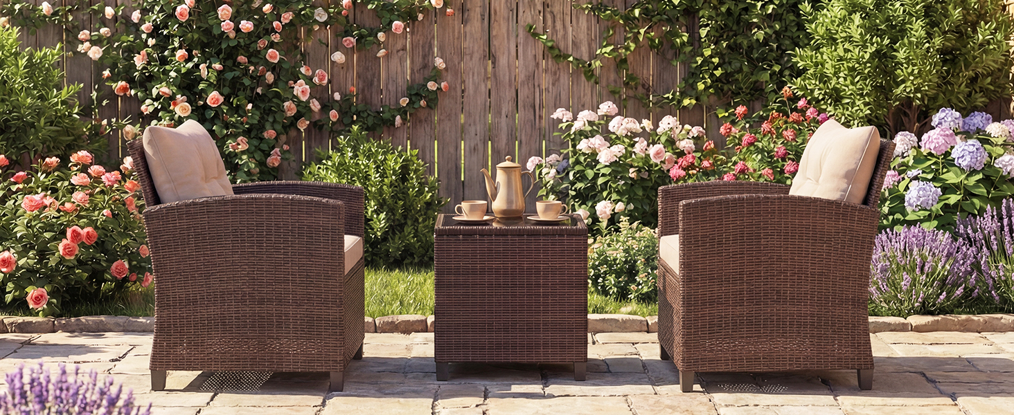 Набір садових меблів GIANTEX з ротангу для балкона та саду: 2 крісла та стіл, сірий з сірим (3 предмети) з подушками