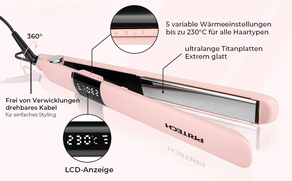 Праска для волосся PRITECH з титановими пластинами, LCD-дисплеєм, регульованою температурою 150-230°C, рожева