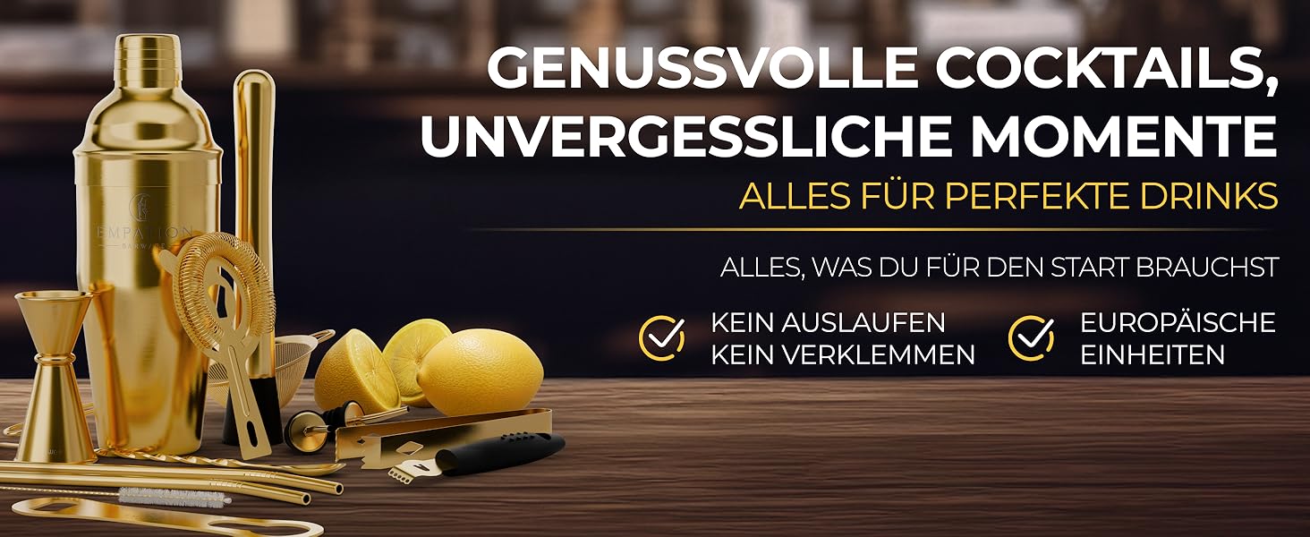 Набір для коктейлів Cobbler 700мл з нержавіючої сталі, професійний шейкер для барменів з підставкою та рецептами, класичний набір (Gold)