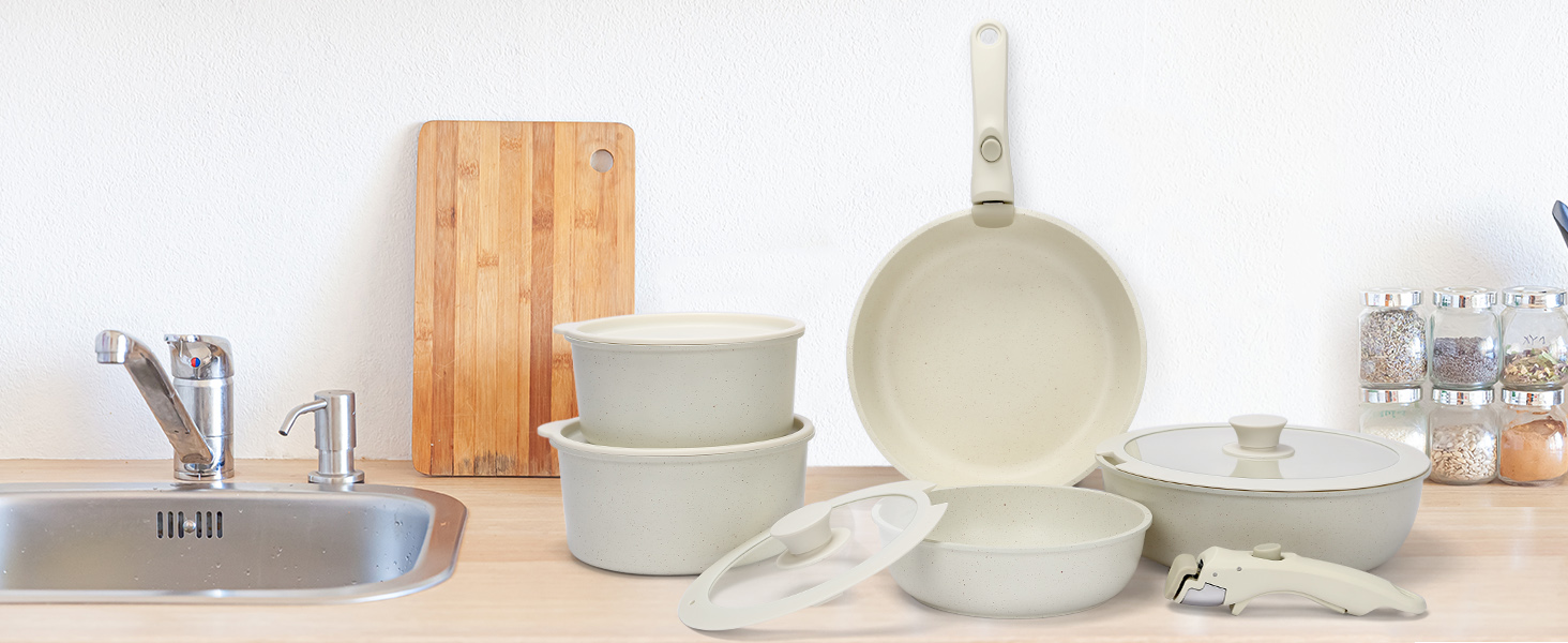 Набір посуду GFTIME 17-ти частинний з антипригарним покриттям Ceramic, для всіх плит (індукція), зі знімними ручками, 20/26 см скляні кришки, без PFOA/PTFE/PFAS