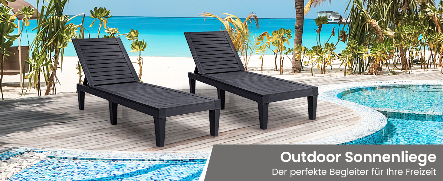 Лежак для відпочинку Giantex для саду та тераси, чорний, з регульованою спинкою, 190x57,5x29 см, до 180 кг