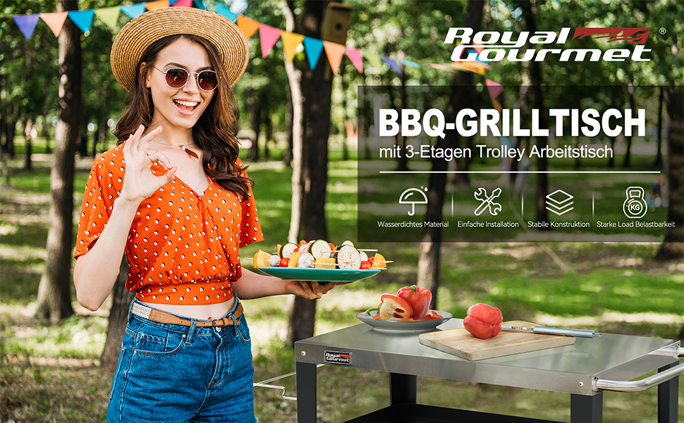 Сервісний візок Royal Gourmet з 3 ярусами, контейнер для сміття, візок для кухні, приставний столик, гриль Plancha, візок для гриля, з нержавіючої сталі, срібний, робоча поверхня 85 x 50 см