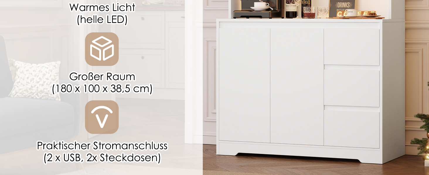 Кухонна шафа FirFurd з LED-підсвічуванням, буфет, комод з робочою поверхнею, 3 висувні ящики, регульована полиця, 180x100x38.5 см (білий)