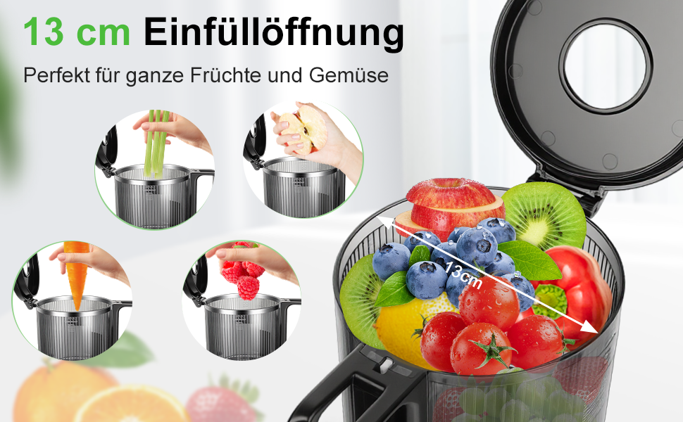 Електричний соковитискач для цілих овочів та фруктів, 130 мм, з широкою подачею, легкий у чищенні, чорний